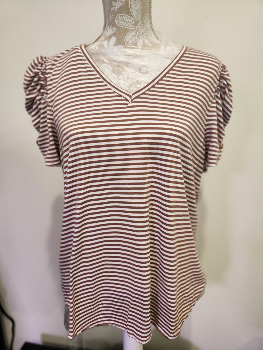 Green Envelope Brown and White Striped V-Neck Short Sleeve Top
